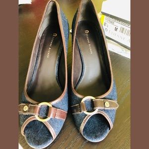 EUC denim and brown colored peep-toe heels